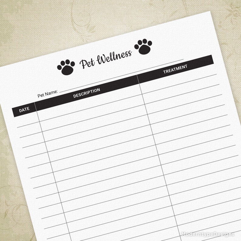Pet Wellness Log Printable for Pet Owners, Health Record, Animal