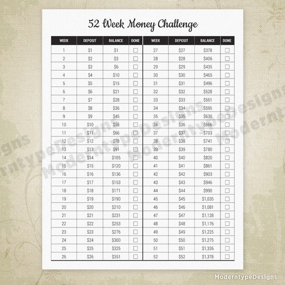 52 Week Money Challenge Printable Chart