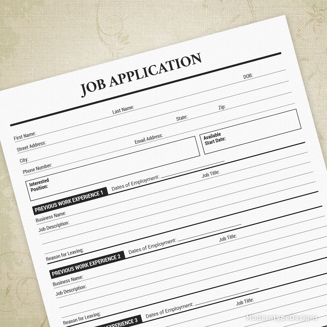 Job Application Printable, Employment Form, Employer Document, Work Available, Apply Now Hiring, Digital File, Instant Download, App002 - Etsy for Free Printable Employment Application Form Pdf