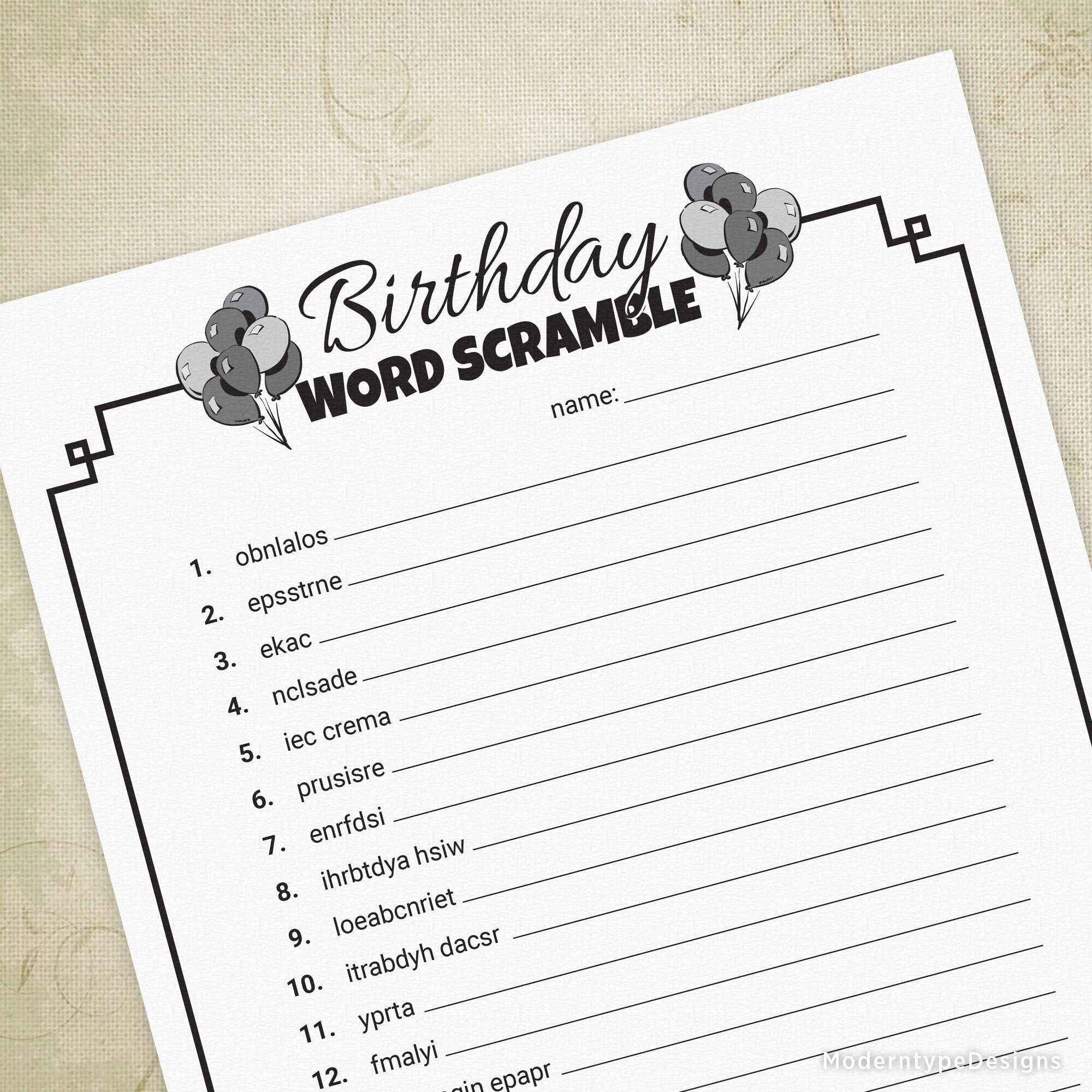 Birthday Word Scramble Game Printable Digital Download - Etsy India