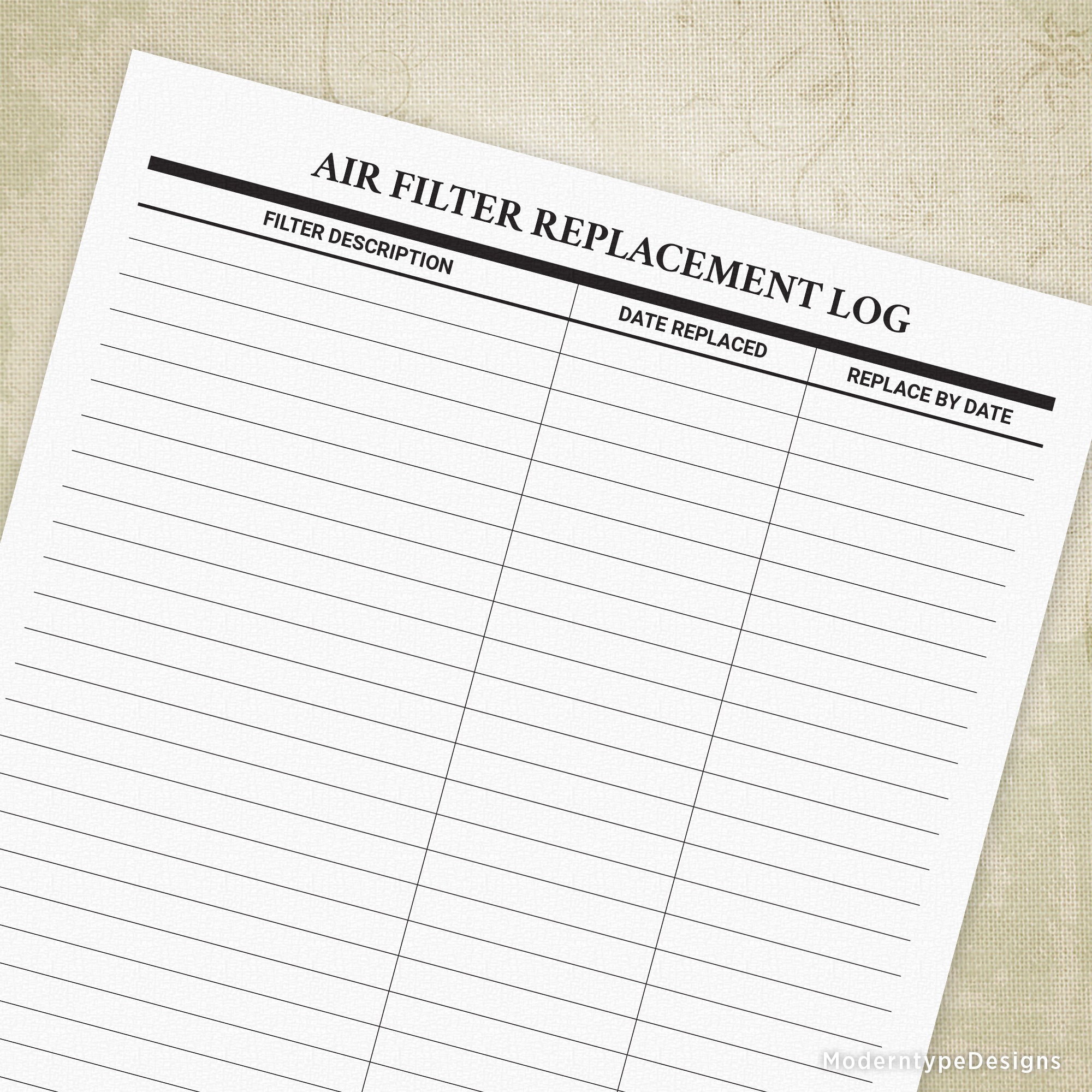 Air Filter Log Printable Form, Air Filter Planner, Simple Home