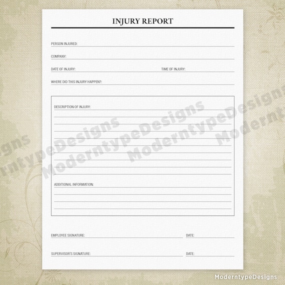 Buy Company Injury Report Printable, Incident Form, First
