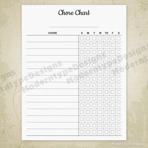 May include: A black and white printable chore chart with the word "Chore Chart" at the top. The chart has a column for the chore and a column for each day of the week. There are 10 rows for chores.