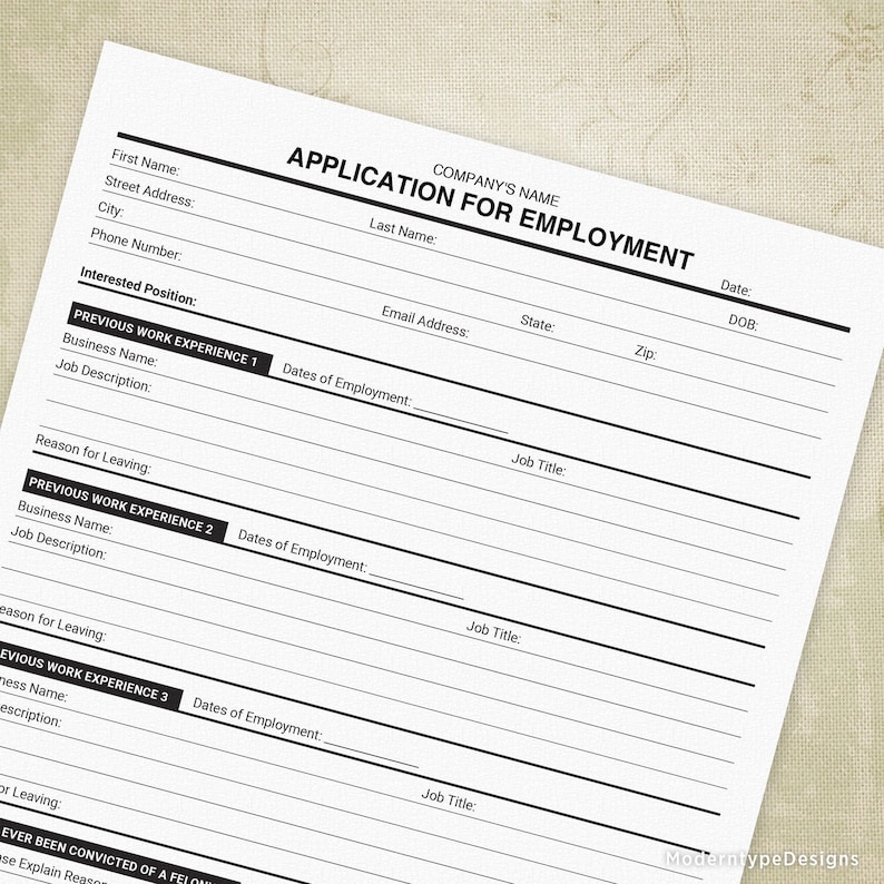 Application for Employment Printable, Now Hiring Form, Job Application