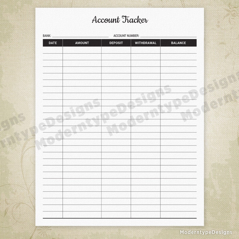 Account Tracker Printable Form Bank Deposit Log Money | Etsy