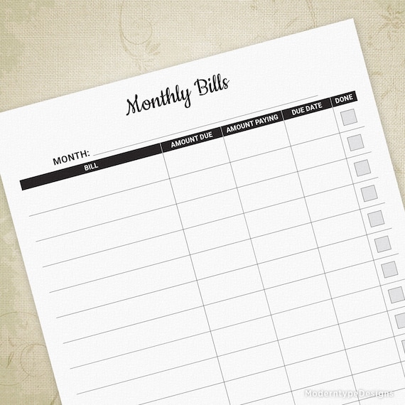 monthly bill tracker printable sheet track finances bills form bill planner bill organizer digital file instant download mbt001 bill organizer sheet