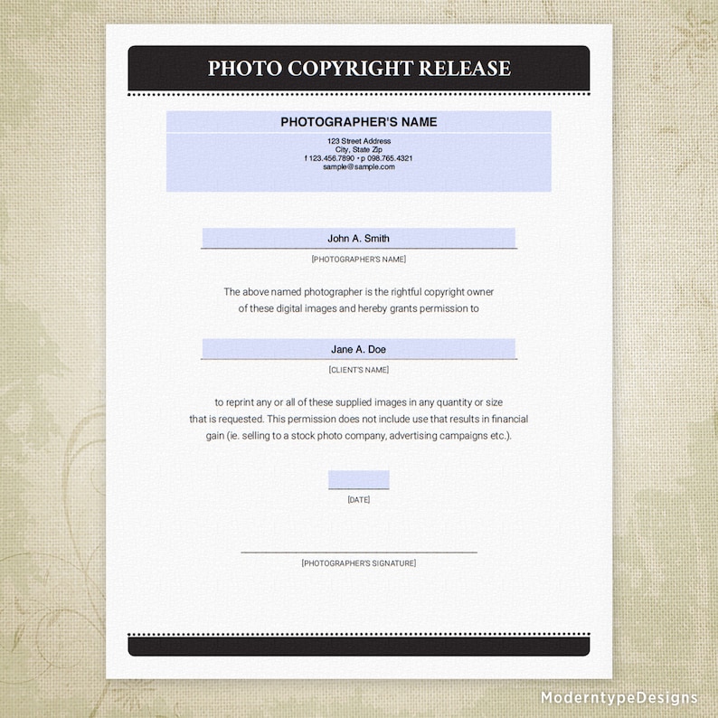 Photo Copyright Print Release Printable Form for Photographers