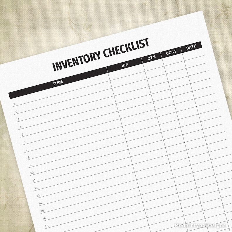 Inventory Checklist Printable, Item Listing, Inventory List, in Stock
