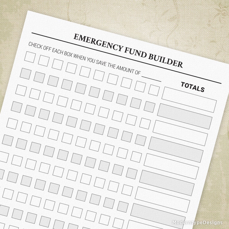 Pode incluir: Uma lista de verifica&ccedil;&atilde;o imprim&iacute;vel para criar um fundo de emerg&ecirc;ncia com uma grade de caixas para marcar &agrave; medida que voc&ecirc; economiza dinheiro. O texto diz "Emergency Fund Builder" e "Check off each box when you save the amount of." H&aacute; uma se&ccedil;&atilde;o para os totais.