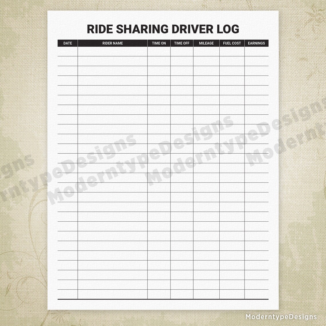 Ride Sharing Driver Log, Printable Form, Ridesharing Tracker Planner