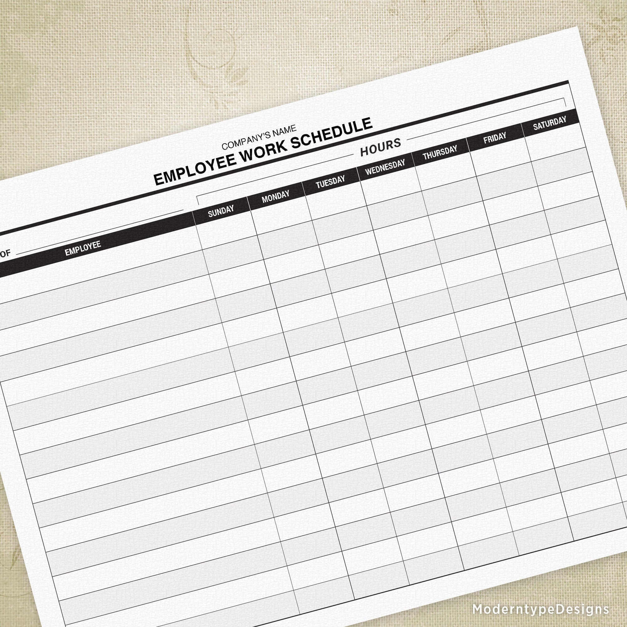 Employee Work Schedule Printable Staff Daily Working Hours | Etsy