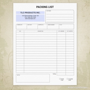 May include: A blank packing list template with the title "Packing List" and the company name "TLC Products Inc." at the top. The template includes fields for order date, ship date, shipped via, order number, PO#, ID#, description, quantity ordered, quantity shipped, notes, and total. There are checkboxes for "Partial Order" and "Complete Order".