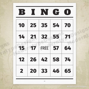 May include: A black and white bingo card with the numbers 10, 25, 35, 54, 70, 14, 21, 32, 55, 71, 15, 17, FREE, 57, 64, 12, 26, 42, 58, 74, 2, 20, 33, 46, and 65.