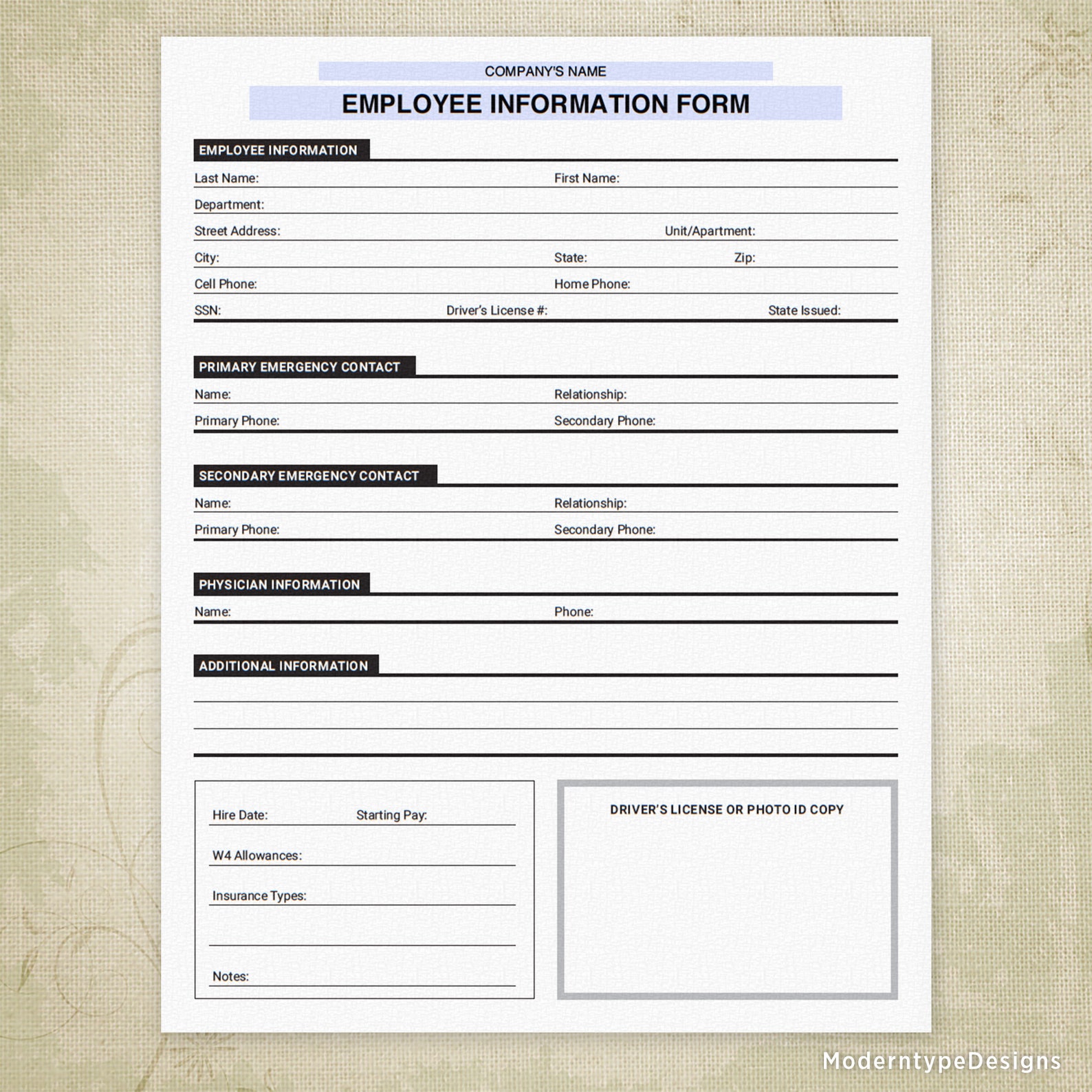 Employee Information Printable Form New Hire Sheet Digital File employee-information-printable-form-new-hire-sheet-digital-file