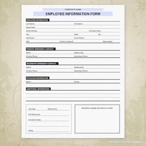 Employee Information Printable Form, New Hire Sheet, Digital File ...