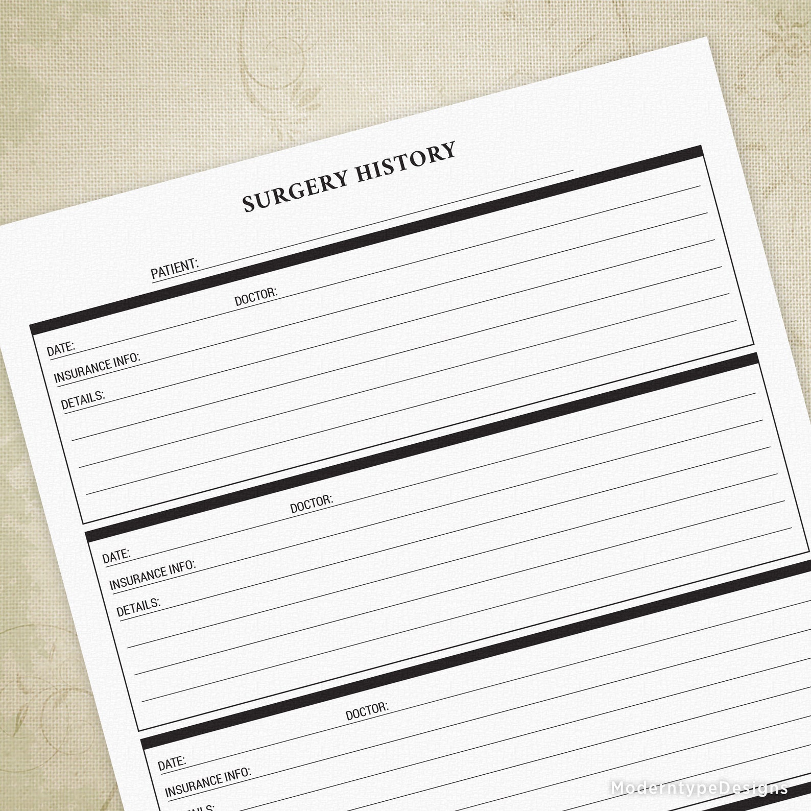 Surgery History Printable Form for Patients, Doctor Visit Records