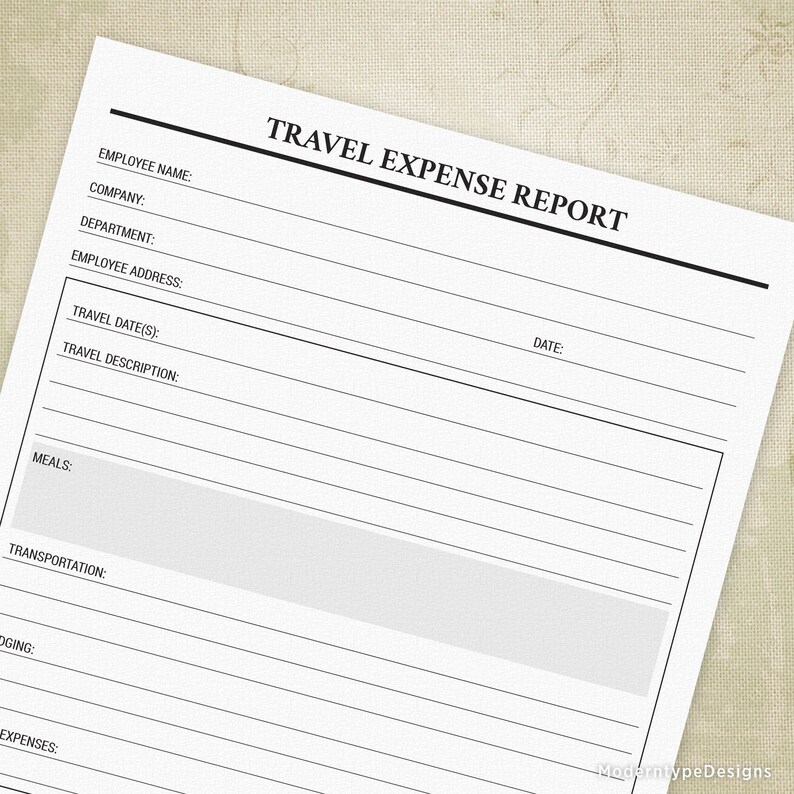 May include: A printable travel expense report form with fields for employee name, company, department, employee address, travel dates, travel description, meals, transportation, lodging, and expenses. The form also includes a date field.