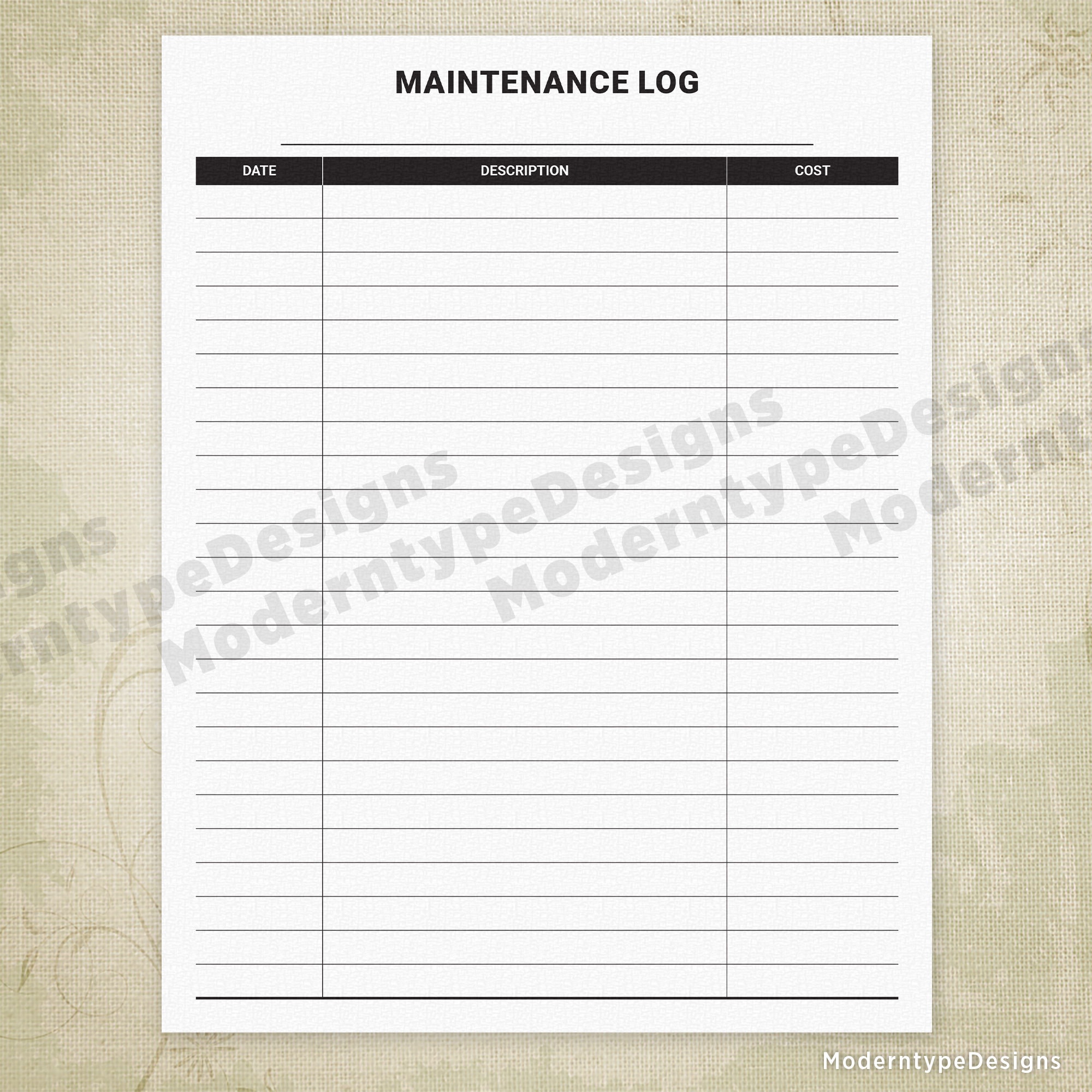 Maintenance Log for Home or Businesses, Printable Form, Repair Records ...