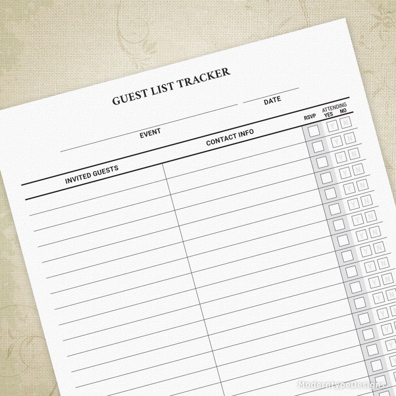 Guest List Tracker Printable Form, Event RSVP List, Party Attendance Log, Guest Organizer, Planner, Digital File, Instant Download, glt001 image 1