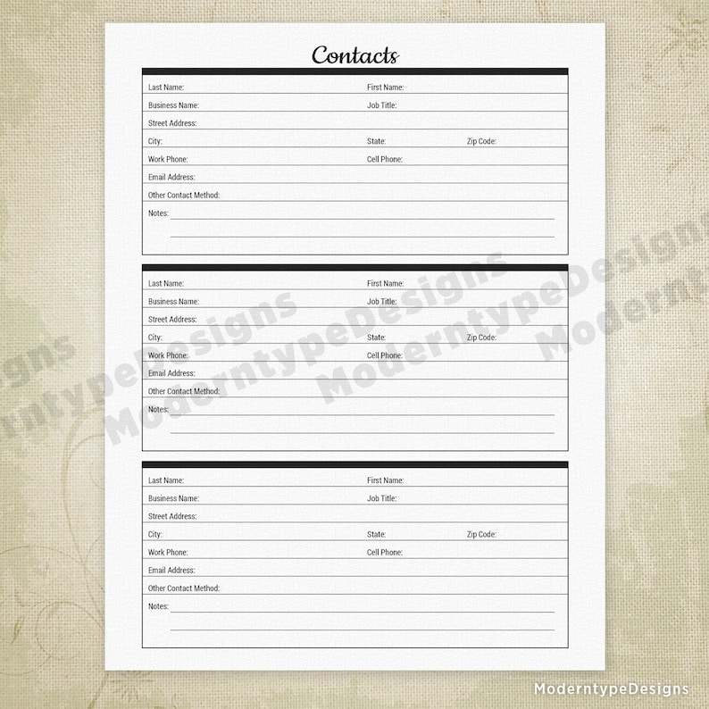 Contacts Page Printable, Digital Download, Addresses Book, Directory ...