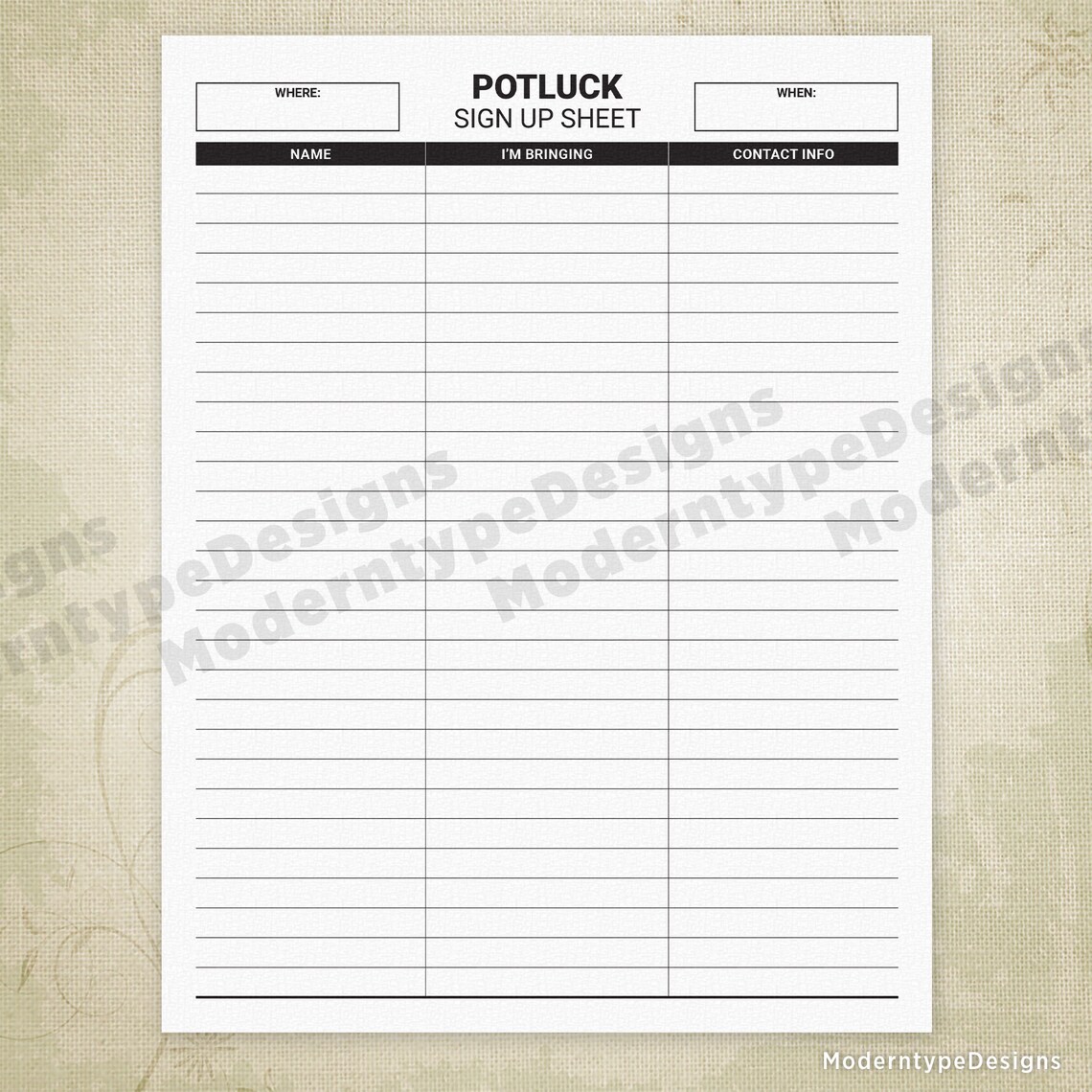 Potluck Sign up Sheet, Fundraiser Dinner, Supper Covered Dish, Dish-to ...