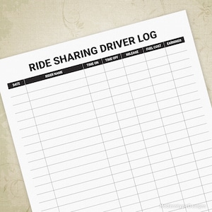 May include: A black and white printable log sheet for ride-sharing drivers to track their earnings, mileage, fuel costs, and rider names. The sheet has columns for date, rider name, time on, time off, mileage, fuel cost, and earnings.