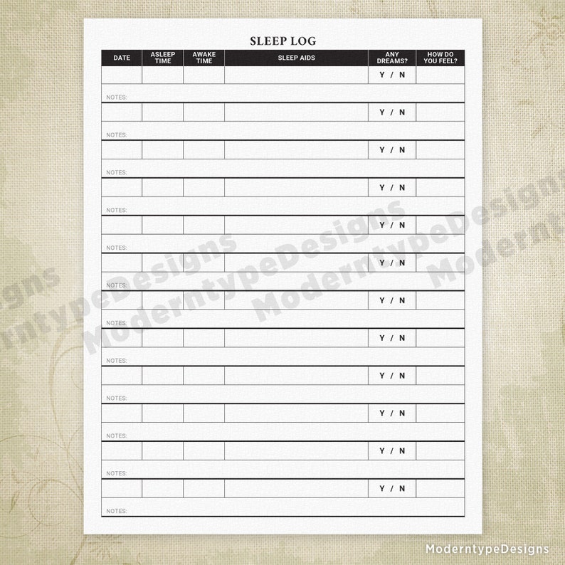 Sleep Log Printable Form, Sleep Schedule Diary, Nighttime Journal, Nap Tracker, Digital File Chart, Instant Download, slp001 image 2