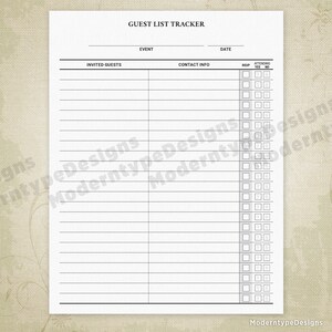 Guest List Tracker Printable Form, Event RSVP List, Party Attendance Log, Guest Organizer, Planner, Digital File, Instant Download, glt001 image 2