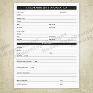 Child Emergency Information Printable, Parent Contact Form, Doctor and Personal Info, Digital File Chart, Instant Download, cei001 image 2