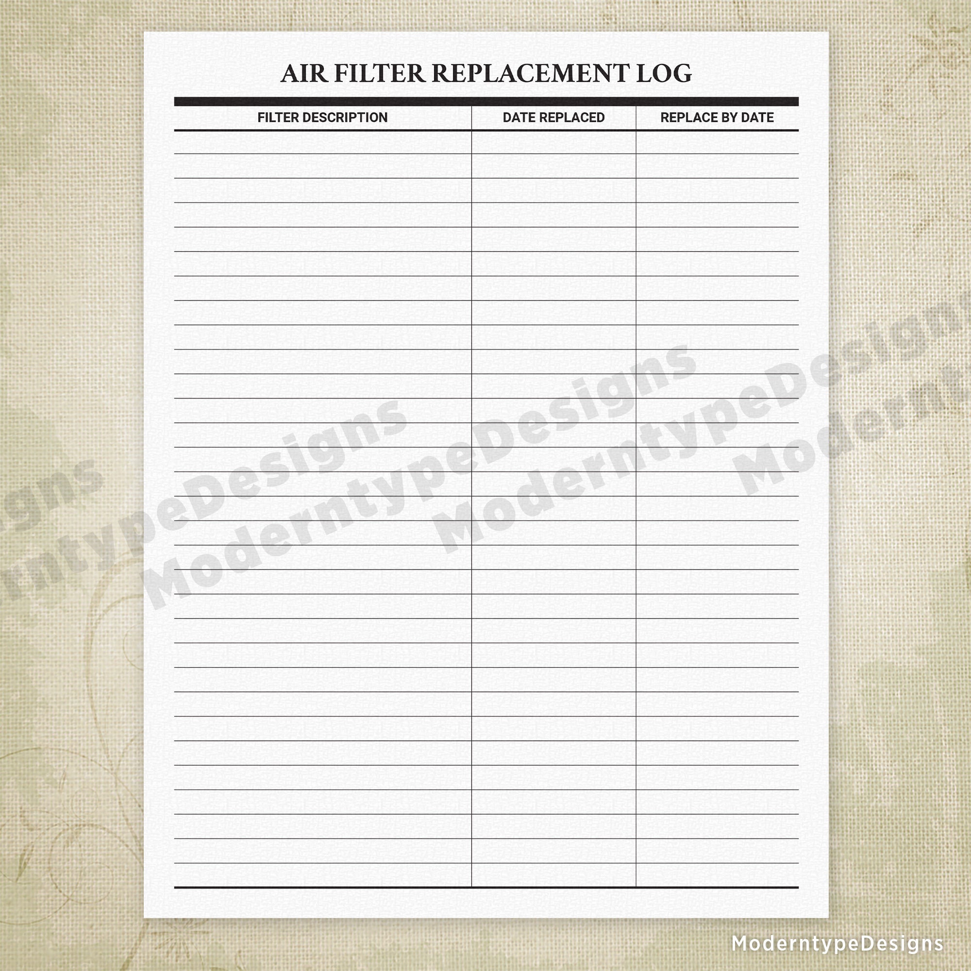 Air Filter Log Printable Form, Air Filter Planner, Simple Home Air Filter Log Printable Form, Air Filter Planner, Simple Home