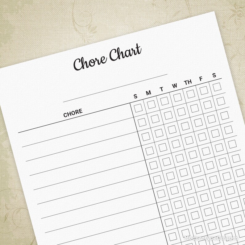 May include: A black and white printable chore chart with the text "Chore Chart" at the top. The chart has a column for each day of the week and rows for different chores.