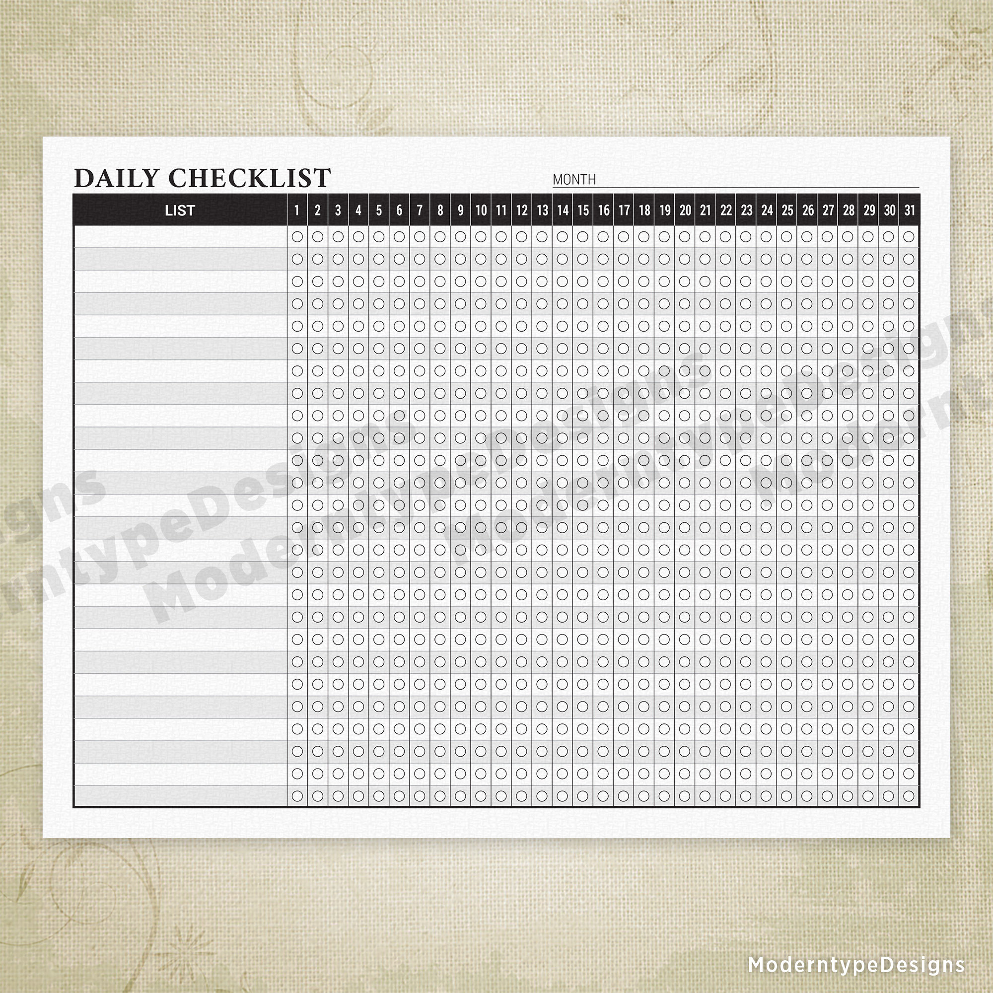 Daily Checklist Planner Printable, 31 Day to Do List, Monthly Organizer ...
