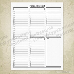 May include: A printable packing checklist with three columns for items to pack and a notes section. The checklist has a title that says "Packing Checklist".