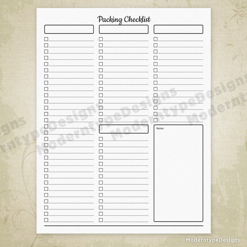 May include: A printable packing checklist with three columns for items to pack and a notes section. The checklist has a title that says "Packing Checklist".