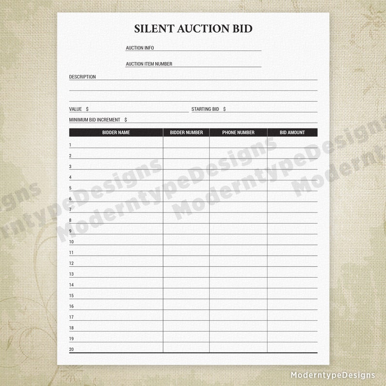 Silent Auction Bid Sheet Printable, Fundraiser Event, Bidding Form ...
