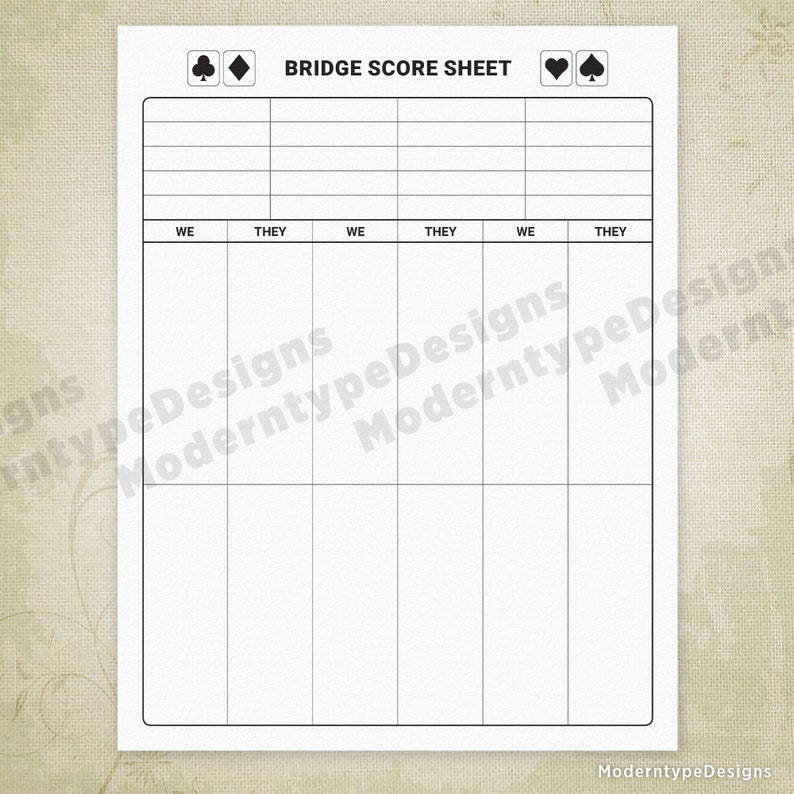 May include: A black and white printable bridge score sheet with the text "BRIDGE SCORE SHEET" at the top. The sheet is divided into six columns labeled "WE", "THEY", "WE", "THEY", "WE", and "THEY".