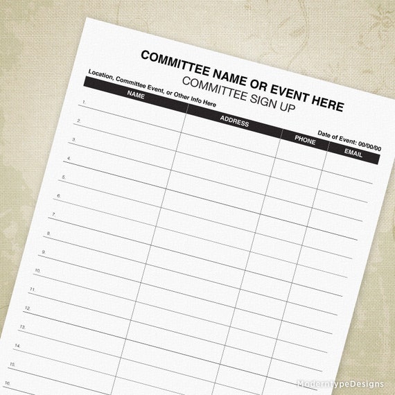 committee sign up printable form volunteer signup sheet etsy