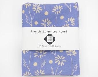 Periwinkle daisy tea towel | French linen kitchen towel