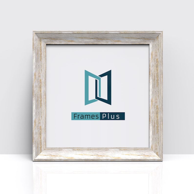 May include: A white wood picture frame with a distressed finish. The frame has a white mount and a white background. The logo "FramesPlus" is printed in blue and teal on the white background. The logo is a stylized image of two doors opening.