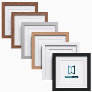 May include: Six square picture frames in different colours, including natural wood, grey, white, and black. The frames are all the same size and have a simple, modern design. The frames are arranged in a staggered pattern, with the largest frame at the top and the smallest frame at the bottom. The frames are all empty, ready to be filled with photos or artwork. The bottom frame has the text "Frames Plus" in blue and white.