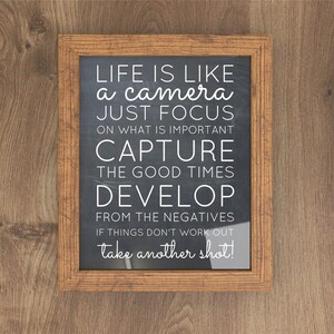 May include: A framed chalkboard with a motivational quote about life being like a camera. The quote reads: "Life is like a camera, just focus on what is important, capture the good times, develop from the negatives, if things don't work out, take another shot!"