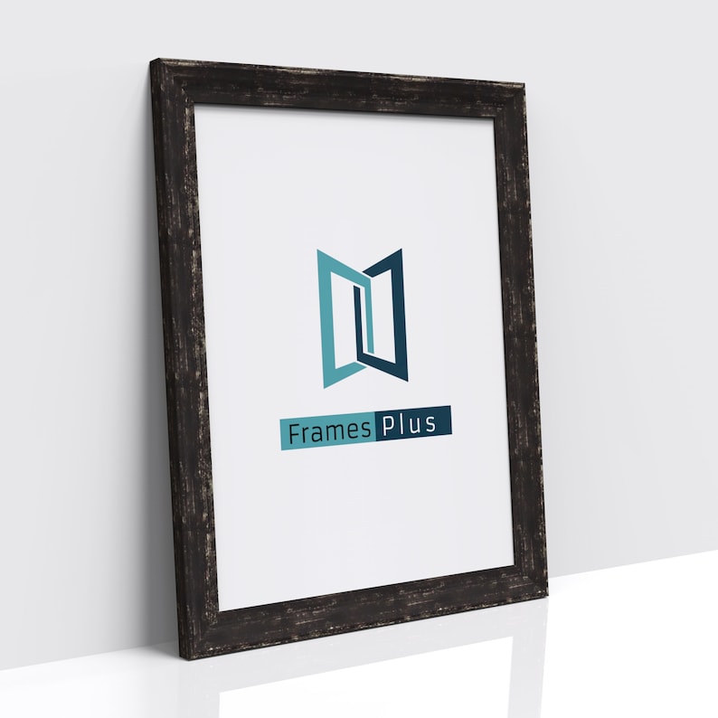 May include: A black wood picture frame with a distressed finish. The frame has a white mount and a white background with a blue and teal logo that says "Frames Plus".