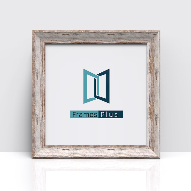 May include: A white picture frame with a distressed wood finish. The frame has a simple design with a thin border. The frame is displaying a logo for Frames Plus, which features a stylized image of two doors opening.
