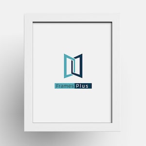 May include: White picture frame with a simple, modern design. The frame has a thin, white border and a white mount. The frame is empty and ready to be filled with a picture or artwork. The logo "Frames Plus" is printed in blue and white on the mount.