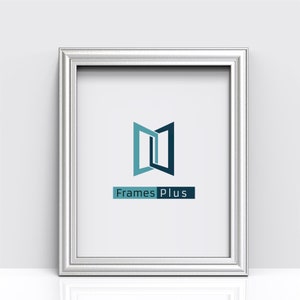 May include: A silver picture frame with a white mount and a logo for Frames Plus. The logo is a stylised image of two doors opening.