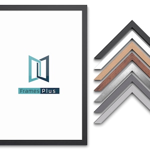 May include: A black picture frame with a white mount and the text "Frames Plus" in blue and teal. The frame is shown with a variety of other frame options in different colours and finishes.