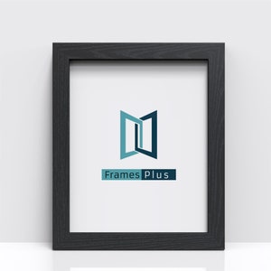 May include: Black picture frame with a white mount and a logo that says "Frames Plus" in the centre. The logo is a stylised image of two overlapping doors.