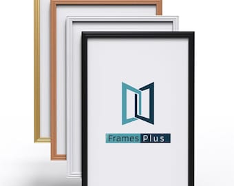 May include: Four picture frames in different colors: gold, copper, white, and black. The frames are stacked on top of each other, with the gold frame on top. The black frame has the logo "Frames Plus" in the center.