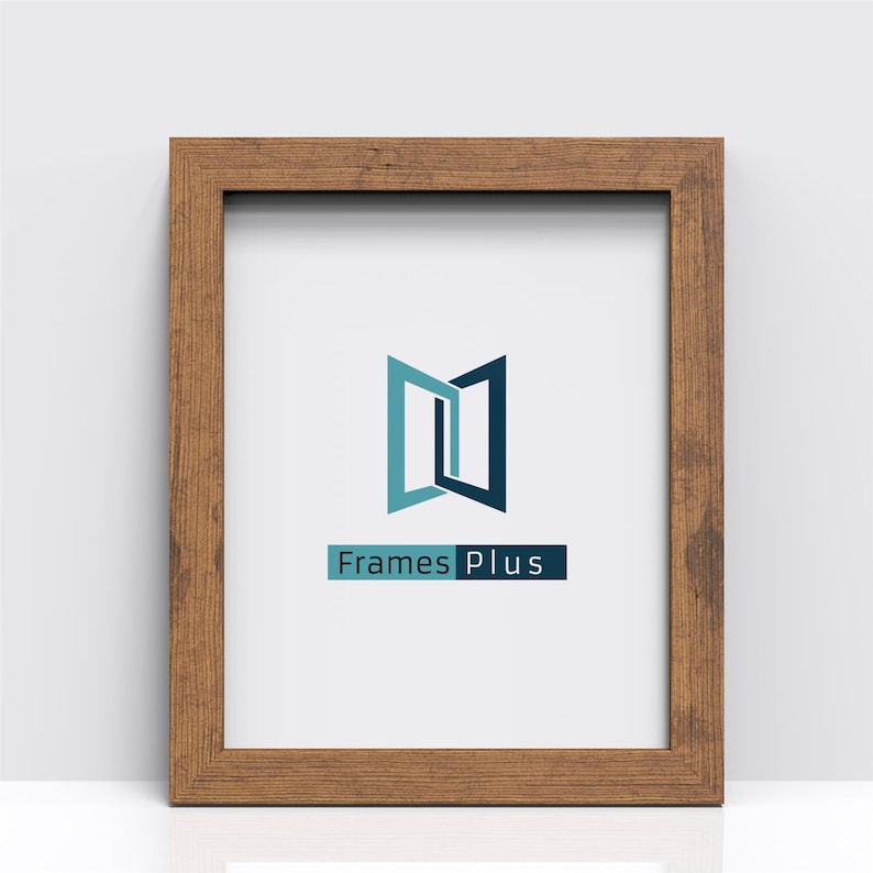 May include: A brown wood picture frame with a white mat and a blue and gray logo that says "Frames Plus".