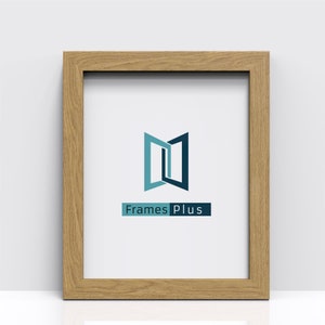 May include: A natural wood picture frame with a white mount and a logo that says "Frames Plus".